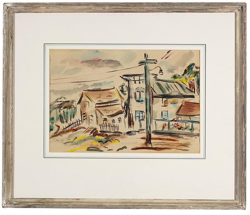 American School, 20th c: American School, 20th c ., "Small Town", watercolor on paper, signed "Tapling" and titled en verso, handwritten label with artist and title on backing paper, 12 in. x 18 in., framed . Condition: Tonin