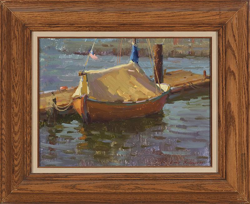 Ovanes Berberian (Armenian/American, b. 1951): Ovanes Berberian (Armenian/American, b. 1951) , "Boat at the Dock", 1985, oil on board, signed and dated lower right, 12 in. x 16 in., framed . Condition: Light wear and scattered loss at edges; scatt
