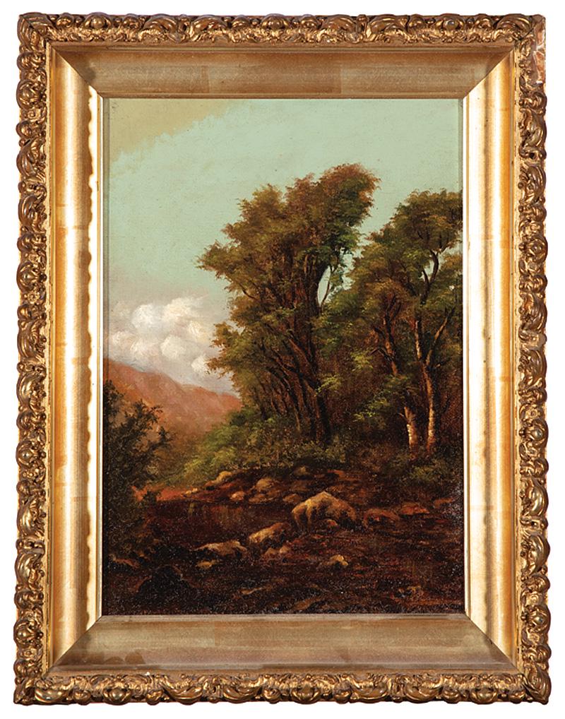American School, 19th/20th c: American School, 19th/20th c ., "Landscape", oil on canvas, unsigned, "Johns Brothers, Denver" label on frame, 14 in. x 10 in., framed . Condition: Stretcher bar marks visible; marks, accretions and l