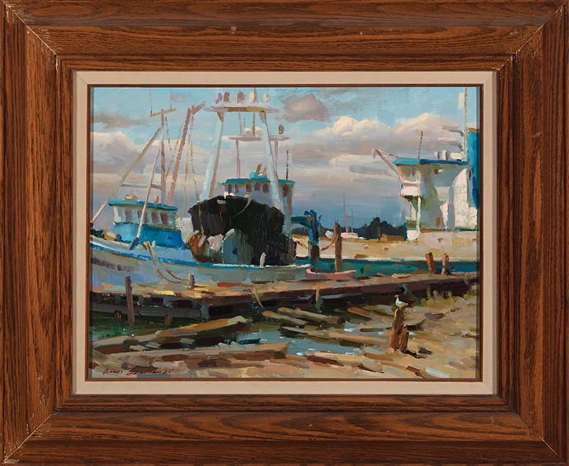 Ovanes Berberian (Armenian/American, b. 1951): Ovanes Berberian (Armenian/American, b. 1951) , "San Pedro Harbor", 1985, oil on panel, signed and dated lower left, signed and titled en verso, 12 in. x 16 in., framed . Condition: Pinholes and loss 