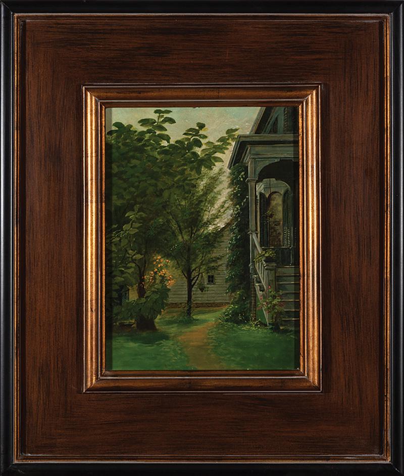 American School, 20th c: American School, 20th c ., "Side Yard", oil on board, unsigned, 12 in. x 9 in., framed . Condition: Loss and wear particularly in corners; 2 nail holes and loss at upper center; craquelure visible in 