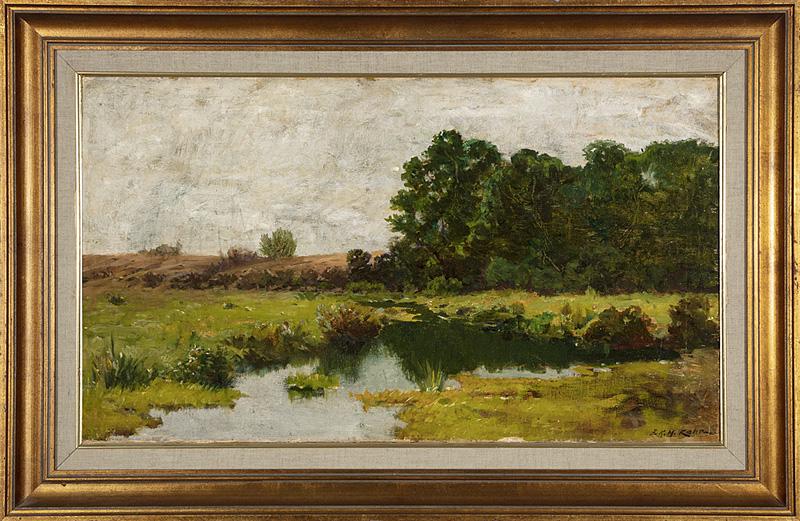 Frank Knox Morton Rehn (American/Pennsylvania, 18: Frank Knox Morton Rehn (American/Pennsylvania, 1848-1914) , "Late Summer Landscape", oil on canvas, signed lower right, partial label with artist and title on reverse of frame, 16 in. x 28 in., framed