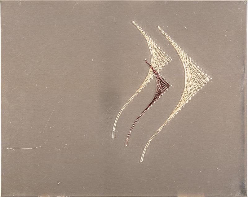 Raoul Lemetz (Belgian, 1934-2002): Raoul Lemetz (Belgian, 1934-2002) , "Aurum Pescae", stainless steel and 12 kt. gold, signed and titled en verso, artist biography and certificate of authenticity for gold wire on backing, 16 in. x 20 