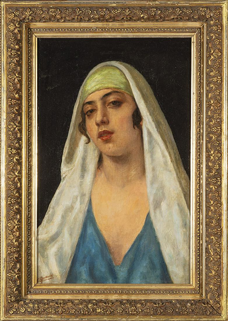 Continental School, 19th c: Continental School, 19th c ., "Woman in a White Shawl", oil on canvas, signed "C. Godard" lower left, 23 5/8 in. x 15 3/16 in., framed . Condition: Relined; new stretcher bars; craquelure; scattered m