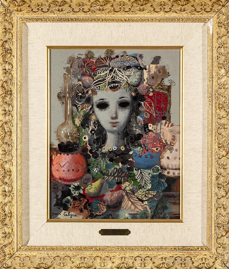 Jean Calogero (Italian, 1922-2001): Jean Calogero (Italian, 1922-2001) , "En Masque", oil on canvas mounted to masonite, signed lower left, "Exhibition E791" inscribed on mount and backing board, 14 in. x 10 3/4 in., framed with artist