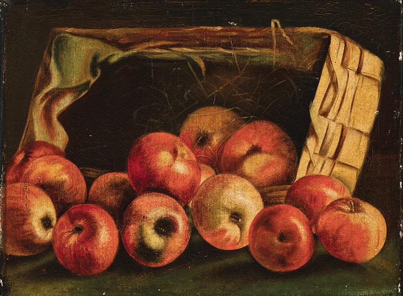 Continental School, 19th c: Continental School, 19th c ., "Apples in Basket", oil on canvas, unsigned, 12 1/2 in. x 16 1/2 in., framed . Condition: Stretcher bar marks visible; craquelure; scattered paint loss; canvas slack on s