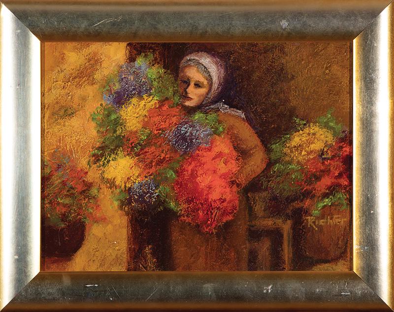 Continental School, 20th c: Continental School, 20th c ., "Woman with Flowers", oil on board, signed "Richter" lower right, 11 7/8 in. x 16 in., framed . Condition: Uneven varnish layer; 3/4 in. loss upper right corner; abrasion
