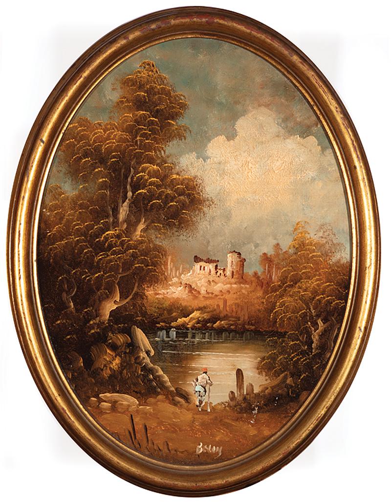 Continental School, 20th c: Continental School, 20th c ., "Landscape", oil on masonite, illegibly signed lower center, 15 5/8 in. x 11 7/8 in. (oval), framed . Condition: Scattered accretions and surface marks; surface dirt. Fra