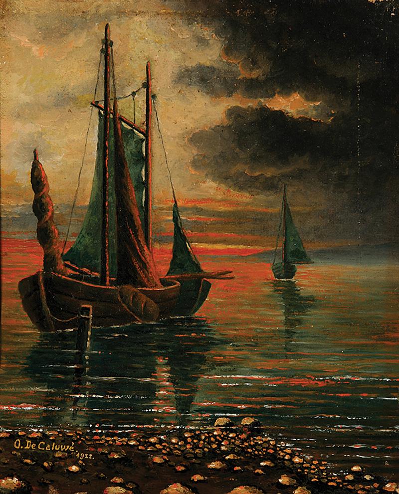O. De Caluwé (French, 20th c.): O. De Caluwé (French, 20th c.) , "Sailboats at Sunset", 1922, oil on canvas, signed and dated lower left, 10 in. x 8 in., unframed . Condition: Scattered loss at edges, particularly upper and lower r
