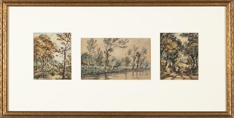British School, 19th/20th c: British School, 19th/20th c ., "Hampstead, England", "Highgate" and "Untitled (Landscape)", 3 watercolors on paper mounted to board, 2 illegibly pencil-signed lower right and one lower left, 2 titled