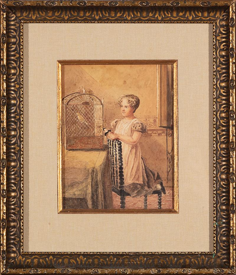British School, 19th c: British School, 19th c ., "Girl with Doll and Bird in Cage", watercolor on paper, unsigned, illegible handwritten label en verso, 7 in. x 5 7/16 in., framed . Condition: Light buckling; toning; losses