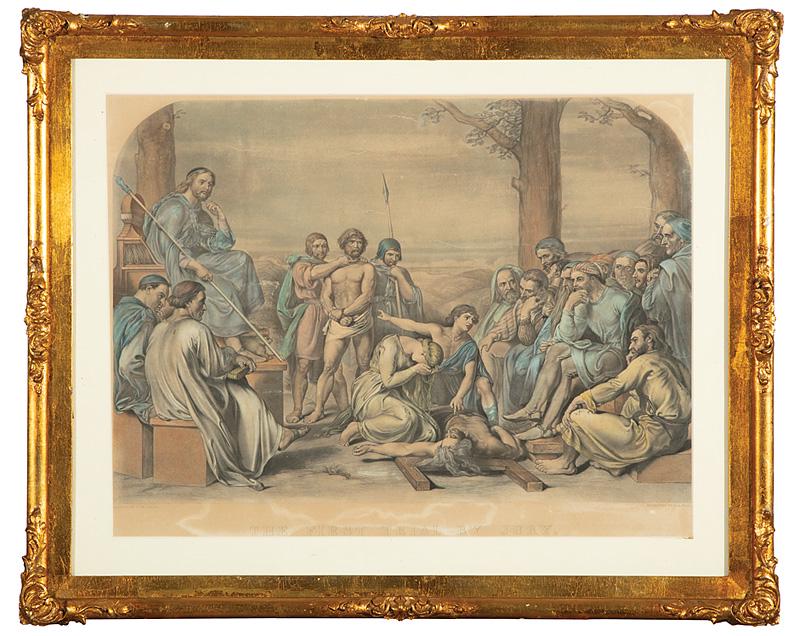 After Charles West Cope (British, 1811-1890): After Charles West Cope (British, 1811-1890) , "First Trial by Jury", 1849, hand-colored steel engraving on paper, unsigned, sight 16 in. x 20 3/4 in., framed . Condition: Overall poor condition; toni
