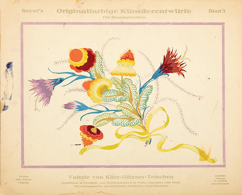 Embroidery Designs: Embroidery Designs , 6 hand-colored prints, published by Otto Beyer, Leipzing, artist names lower center, ordering instructions en verso, sheets 13 3/8 in. x 10 5/8 in. and 10 5/8 in. x 13 3/8 in., un