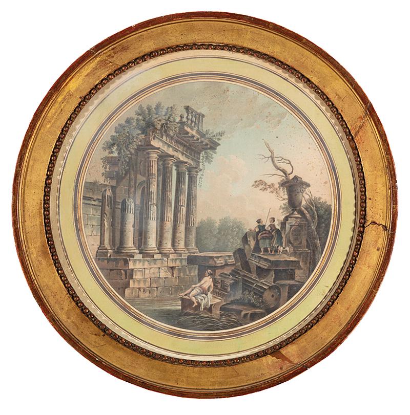 Charles Melchior Descourtis (French, 1753-1820): Charles Melchior Descourtis (French, 1753-1820) , "Vues des Environs de Rome", 2 color engravings, after Pierre-Antoine Demachy (French, 1723-1807), both with "Galerie Madame Marcel Guiot, Paris" labe