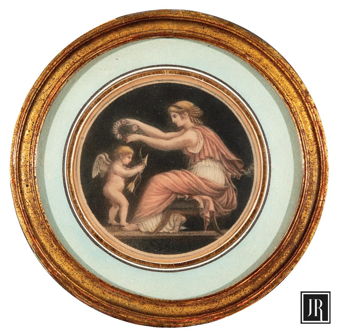Pair of Antique Prints, 19th/20th c: Pair of Antique Prints, 19th/20th c ., "Venus and Cupid", 2 lithographs, sheets dia. 4 3/4 in., both framed. (2 pcs.) Provenance: Estate of Julia Evans Reed. Condition: Both have toning; light bucklin