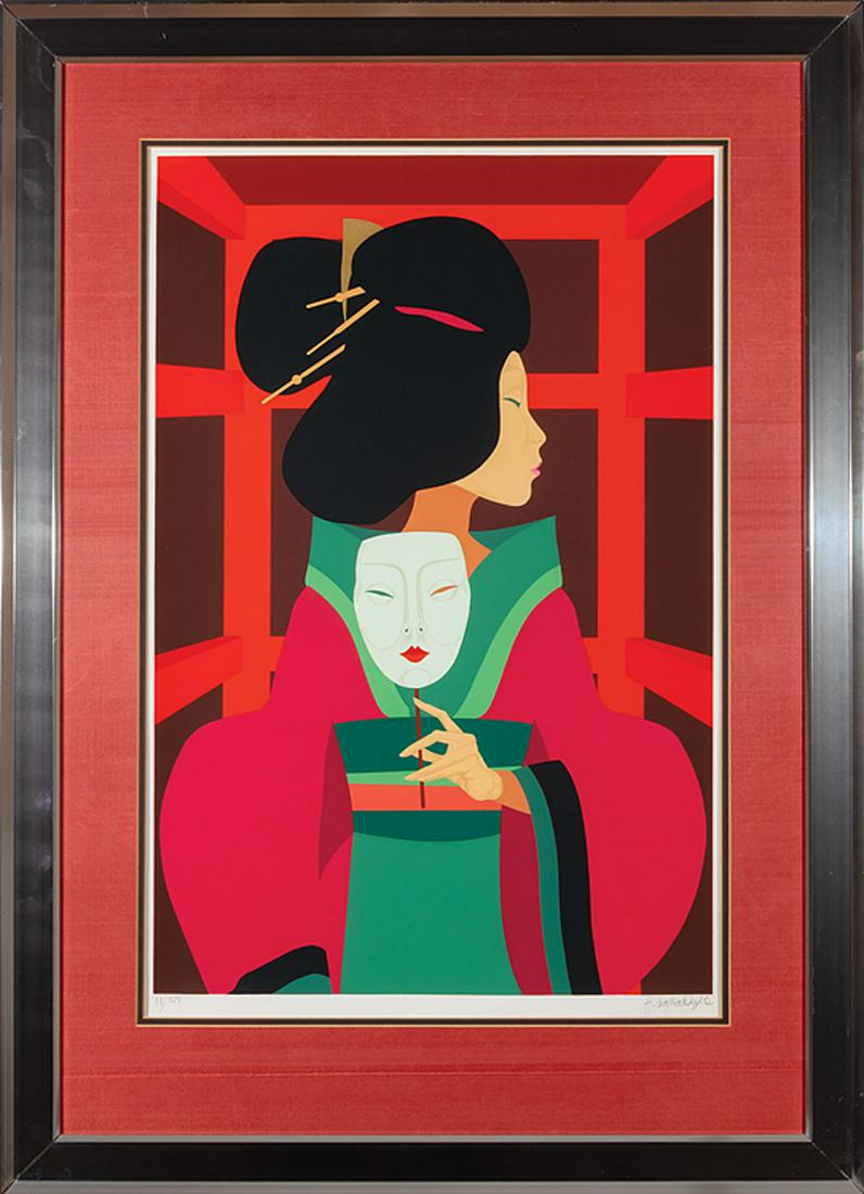 American School, 20th c.: American School, 20th c ., "Woman with a Mask", silkscreen on paper, illegibly pencil-signed and numbered "18/35" lower margin, sheet 33 3/8 in. x 23 3/16 in., framed . Condition: Light toning; very l