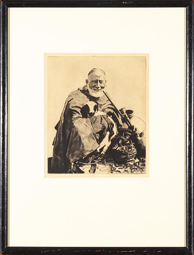 American/Continental School, 20th c.: American/Continental School, 20th c ., "Man with Goat", etching laid on board, unsigned, 7 3/4 in. x 6 1/2 in., framed . Condition: Toning; matburn; extensive adhesive and loss underneath mat; scatter