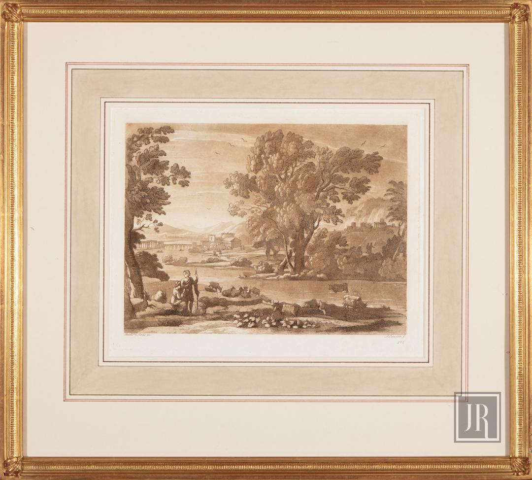 Lodovico Caracciolo (Italian, 1761-1842): Lodovico Caracciolo (Italian, 1761-1842) , "Pastoral Landscape, No. 124", 1815, etching, after Claude Lorrain (French, 1600-1682), from Liber Veritatis, sight 11 1/2 in. x 16 1/2 in., framed. Provenan