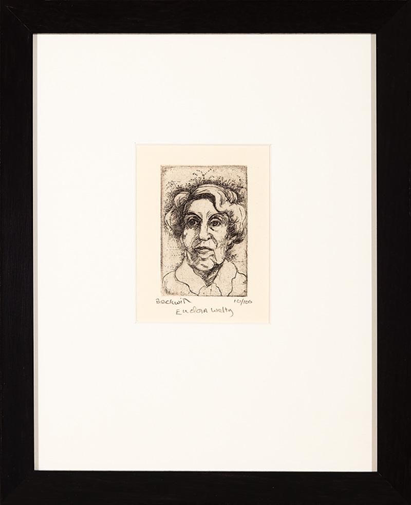 Joel Beckwith (American/Massachusetts, b. 1949): Joel Beckwith (American/Massachusetts, b. 1949) , "Eudora Welty", etching, pencil-signed, titled and numbered "10/100" lower margin, 2 3/4 in. x 2 in.; together with Budd Studios Photography, "William