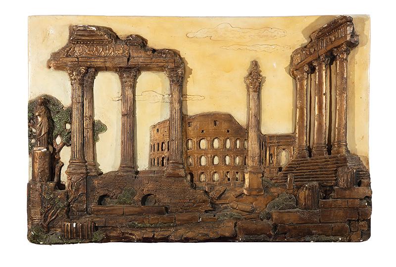 Italian Patinated Plaster Wall Relief: Italian Patinated Plaster Wall Relief depicting Roman Ruins , h. 40 in., w. 60 in., d. 4 in