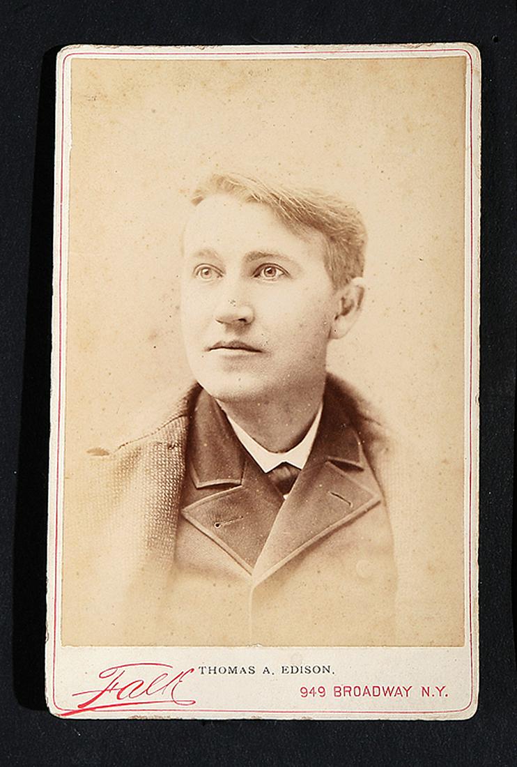Benjamin J. Falk (American/New York, 1853-1925): Benjamin J. Falk (American/New York, 1853-1925) , "Thomas A. Edison", c. 1880, albumen photograph portrait cabinet card, printed "Falk" and "949 Broadway, N.Y." and titled lower margin, 6 1/2 in. x 4