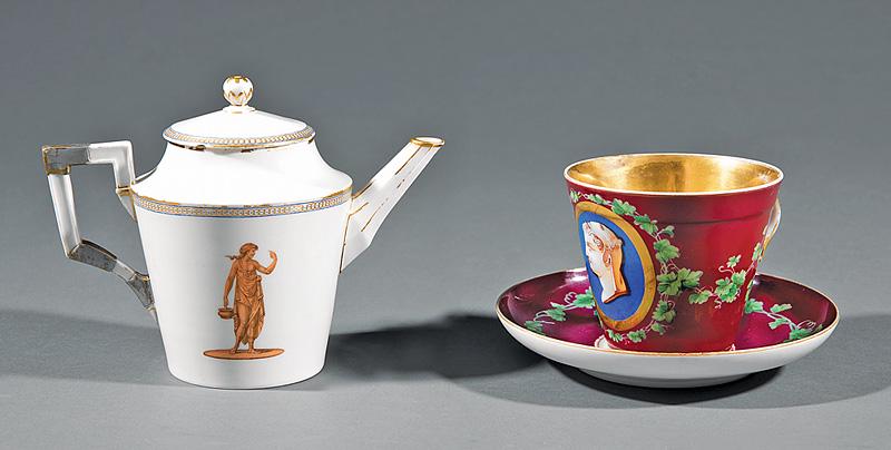 Berlin Polychrome Porcelain KPM Teapot: Berlin Polychrome Porcelain KPM Teapot , c. 1790, blue scepter mark, decorated with figures of Athena on white ground, h. 6 in., l. 8 in. Note: Handle condition; TOGETHER WITH a large Continental porc