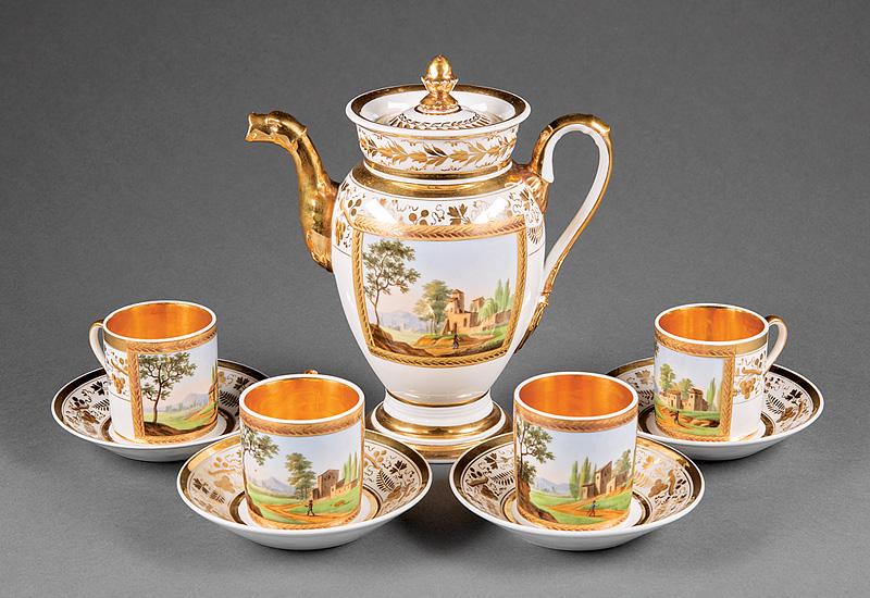 Paris Polychrome Porcelain Demitasse Service: Paris Polychrome Porcelain Demitasse Service , 19th c., incl. 4 cups; 4 saucers, dia. 4 7/8 in.; and covered coffee pot, h. 8 1/8 in., w. 7 1/2 in. (9 pcs.)