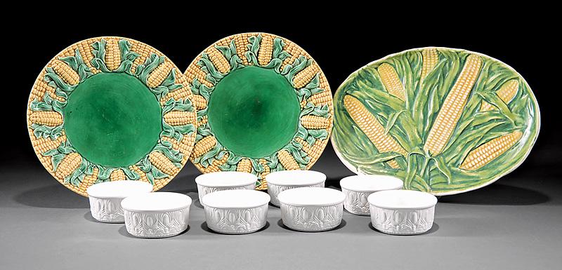Corn Motif Majolica and Earthenware: Group of Antique and Vintage Corn Motif Majolica and Earthenware , incl. 10 pitchers, h. 4 in. to 11 1/2 in.; vegetable tureen and underplate, l. 11 in.; soup tureen, h. 8 in.; 4 platters, l. 11 1/4 i