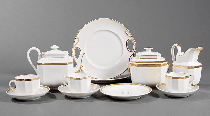 Assembled Paris Porcelain Dessert & Tea Service: Assembled Paris Gilt-Banded Porcelain Dessert and Tea Service , 19th c., fluted/paneled design, incl. teapot, h. 6 1/8 in.; covered sugar, h. 6 1/8 in.; creamer, h. 6 in.; 8 cups, h. 2 1/2 in.; 8 sauc