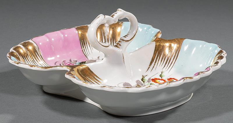 Berlin KPM Porcelain Candy Dish: Berlin Polychrome and Gilt KPM Porcelain Candy Dish , 19th c., blue scepter mark above "KPM", w. 10 in., d. 9 in