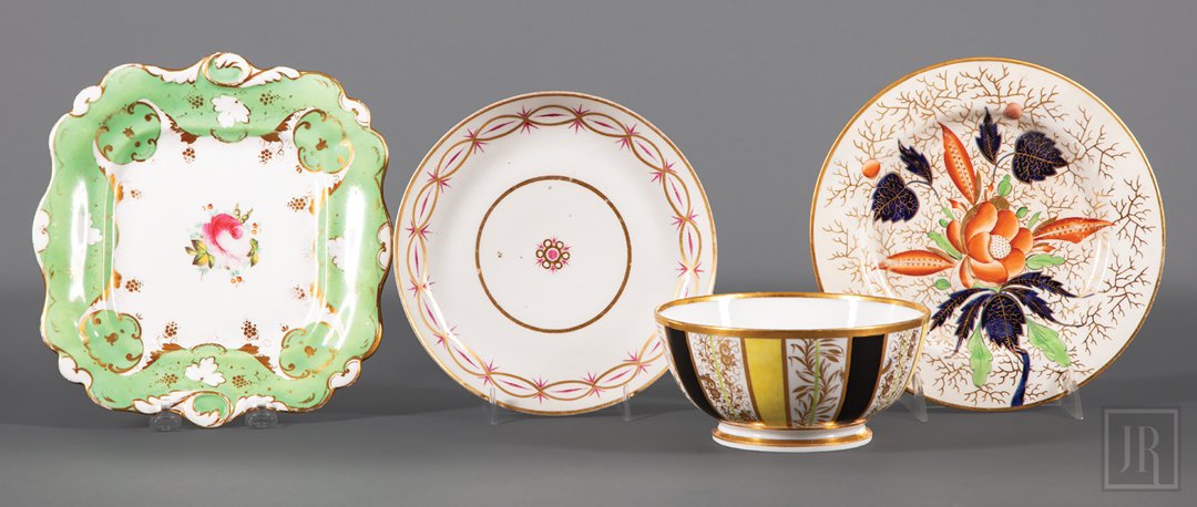 Group of Antique English Porcelain: Group of Antique English Porcelain , incl. square cake dish, circular dish, small footed bowl and Imari palette plate (restored) Provenance: Estate of Julia Evans Reed