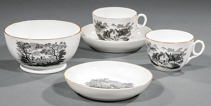 New Hall Black and White Pottery Tableware: New Hall Black and White Pottery Tableware , early 19th c., transfer decorated with figural landscapes, gilt rims, incl. 8 tea cups; 8 saucers, dia. 5 1/2 in.; and waste bowl, h. 2 3/4 in., dia. 5 1/4