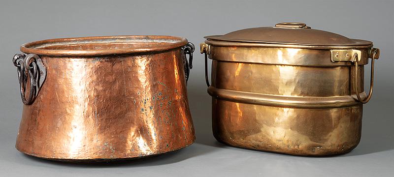 Two Large Antique Cooking Vessels: Two Large Antique Cooking Vessels , incl. hammered copper pot with wrought iron handles, h. 12 1/2 in., dia. 19 in.; and brass kidney-form lidded pot, tin lining, h. 12 1/2 in., w. 20 in., d. 13 in
