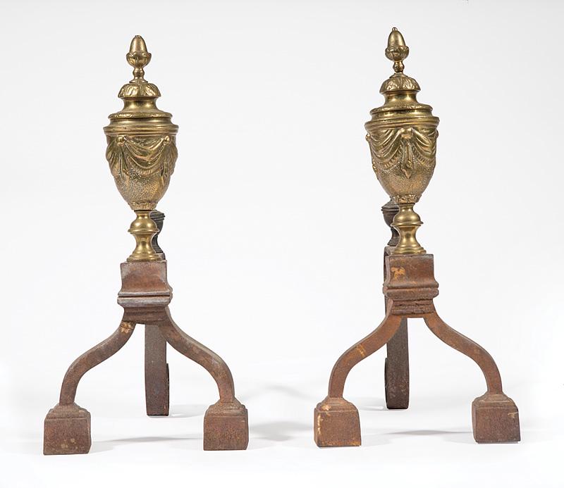 Continental Brass and Wrought Iron Andirons: Pair of Continental Brass and Wrought Iron Andirons , 19th c., vasiform standard, h. 17 in., w. 8 in., d. 10 1/2 in