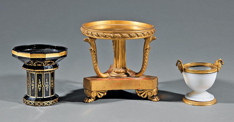 Decorative Group of Stands: Decorative Group of Stands , incl. gilt-composition example, Gothic Revival black glass example, and French opaline and gilt-bronze example, tallest h. 6 1/2 in. (3 pcs.) . Provenance: Lee B. Anderson