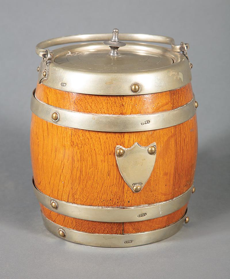 Silverplate and Oak Barrel-Form Biscuit Box: Victorian Silverplate and Oak Barrel-Form Biscuit Box , late 19th c., with handle and cover, h. 7 in., w. 6 in