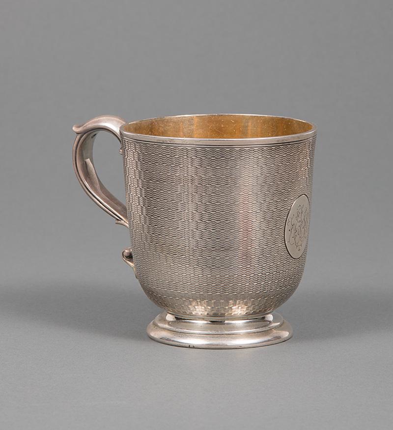 Electroformed Silverplate Presentation Cup: Electroformed Silverplate English Presentation Cup , cast from the 1878 Garrard II form, London, wc. 1822-1888, engine-turned decoration, applied medallion with monogram, gilt wash interior, h. 3 in .