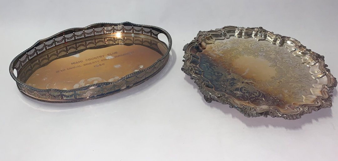 Good Group of Vintage Silverplate Trays: Good Group of Vintage Silverplate Trays , incl. Ellis Barker, menorah mark, footed tea tray, l. 28 3/4 in., w/ 7 3/4 in.; W. & S. Blackinton "Chippendale" pattern footed tea tray, l. 25 3/8 in., w. 16