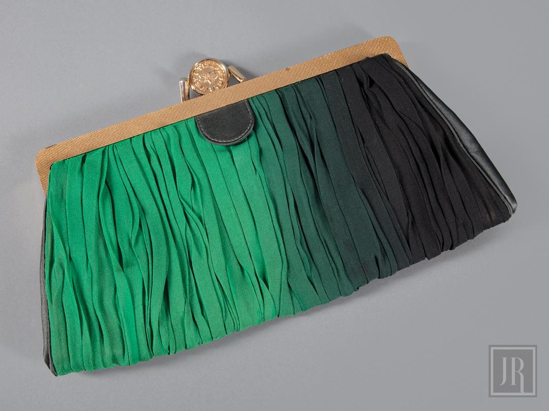 Stella McCartney Pleated Fabric Clutch Handbag: Stella McCartney Pleated Fabric Clutch Handbag , ombre green silk, gold-tone hardware, satin lining and interior pocket, l. , h. 7 in., l. 12 in. Provenance: Estate of Julia Evans Reed