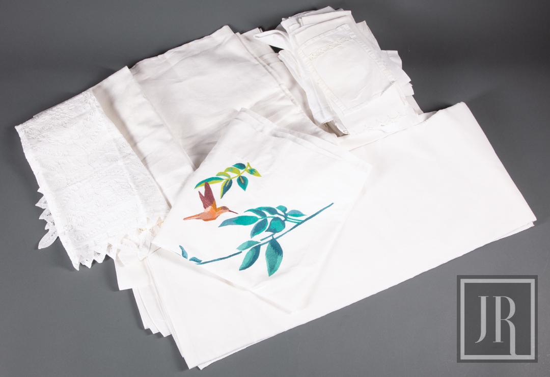 Large Group of Linen Hand Towels: Large Group of Linen Hand Towels , incl. set of 11 monogrammed "JRB", set of 3 matching, set of 4 matching, 1 dragonfly, 1 bumblebee and 4 miscellaneous; together with group of bed linens, incl. pair