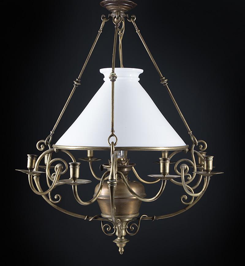 Antique American Brass Eight-Light Chandelier: Antique American Brass Eight-Light Chandelier , scrolled candlearms, central oil lamp (electrified), milk glass shade, h. 31 in., dia. 28 in