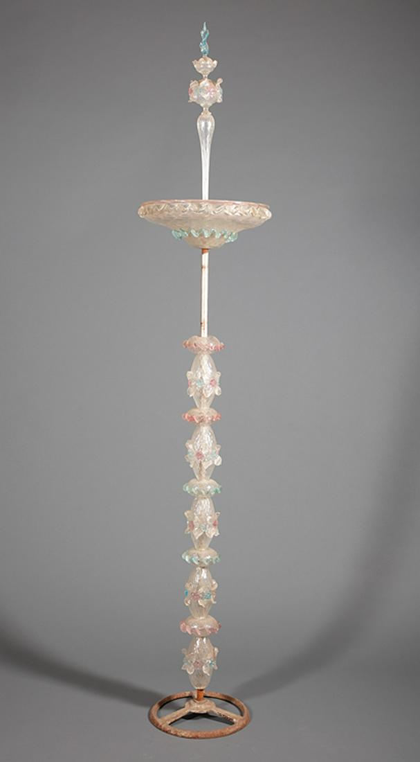 Venetian Blown and Molded Glass Torchere: Venetian Blown and Molded Glass Torchere , early 20th c., clear glass with applied rose and blue topaz flowers and crimped wavey bands, standard with alternating ovoid and disc-forms below a large dis