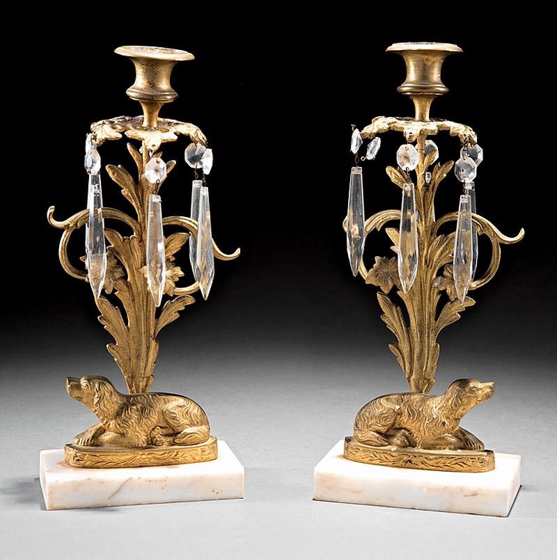 Continental Gilt Brass Figural Girandoles: Pair of Continental Gilt Brass Single-Light Figural Girandoles , 19th c., foliate standard, reclining dog, marble base, h. 11 3/4 in., w. 5 in., d. 3 1/4 in . Provenance: Williamson-LeBlanc Collection