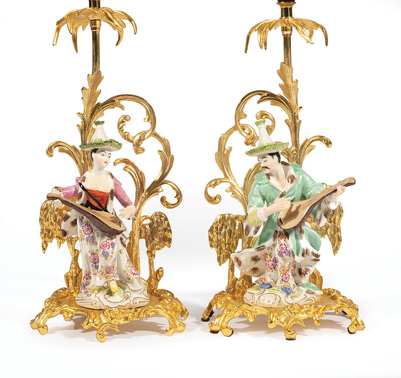 Continental Gilt Metal and Meissen-Style Lamps: Pair of Continental Gilt Metal and Meissen-Style Porcelain Figural Table Lamps , 20th c., foliate bases, figures playing a lute, h. (to socket) 16 in., w. 6 1/2 in., d. 5 in