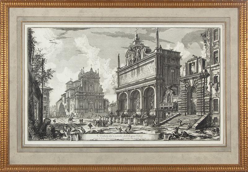 Giovanni Battista Piranesi (Italian, 1720-1778): Giovanni Battista Piranesi (Italian, 1720-1778) , "Veduta del Castello dell'Acqua Felice", etching, sight 27 3/4 in. x 16 1/2 in. framed; TOGETHER WITH 4 antique hand-colored engravings of fish, sight