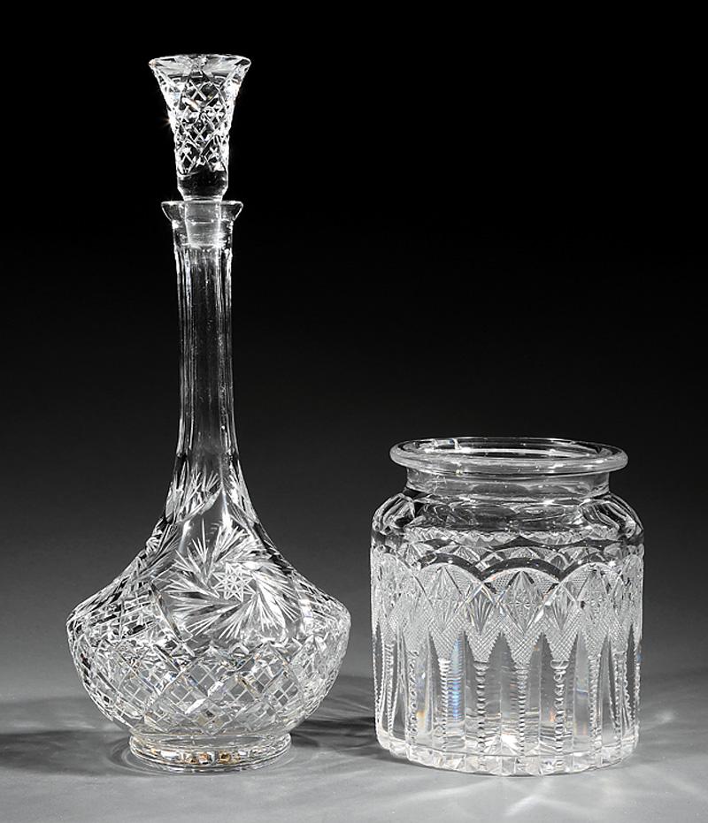 Tall Cut Glass Decanter: Tall Cut Glass Decanter , probably Bohemian, h. 15 5/8 in.; TOGETHER WITH cut glass biscuit barrel (lacking cover), h. 7 1/8 in. (2 pcs.) Provenance: Murfee/Debardeleben Collection, Riverview, Columbu