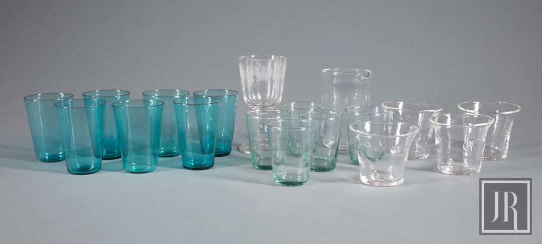 Group of Miscellaneous Glassware: Group of Miscellaneous Glassware , incl. panel cut and vintage decorated goblet, cocktail mixing beaker, 7 teal tumblers, 5 green tumblers and 4 beakers (18 pcs.) Provenance: Estate of Julia Evans Ree
