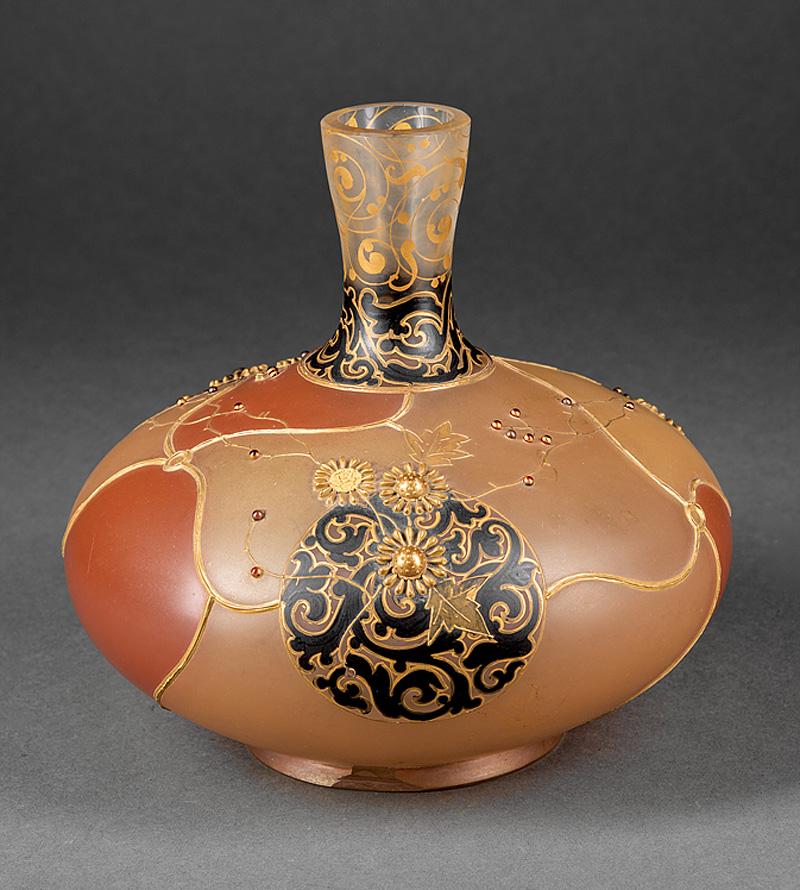 Royal Flemish Satin Glass Vase: Royal Flemish Satin Glass Vase , raised gilt decoration and beading, h. 7 in., dia. 7 in . Provenance: Estate of Gordon and Vera Noakes, Detroit, MI