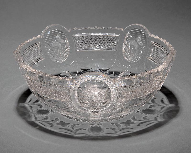 American Cut Glass Bowl: American Cut Glass Bowl , rare butterfly and flower design, h. 3 3/8 in., dia. 8 in . Provenance: Estate of Gordon and Vera Noakes, Detroit, MI