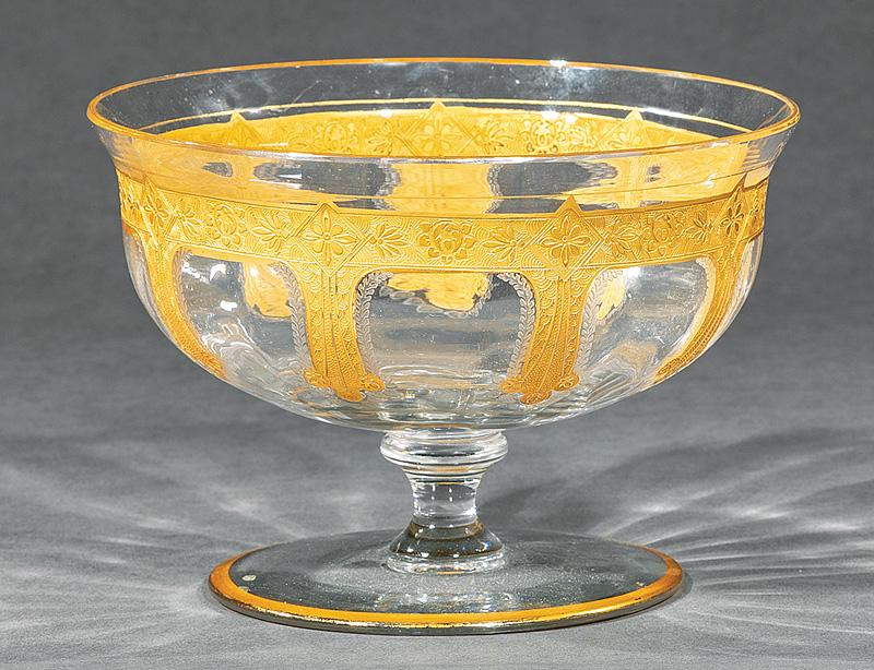 Engraved Glass and Raised Gilt Compote: Continental Engraved Glass and Raised Gilt Compote , stylized floral design, h. 4 3/4 in., dia. 6 3/4 in
